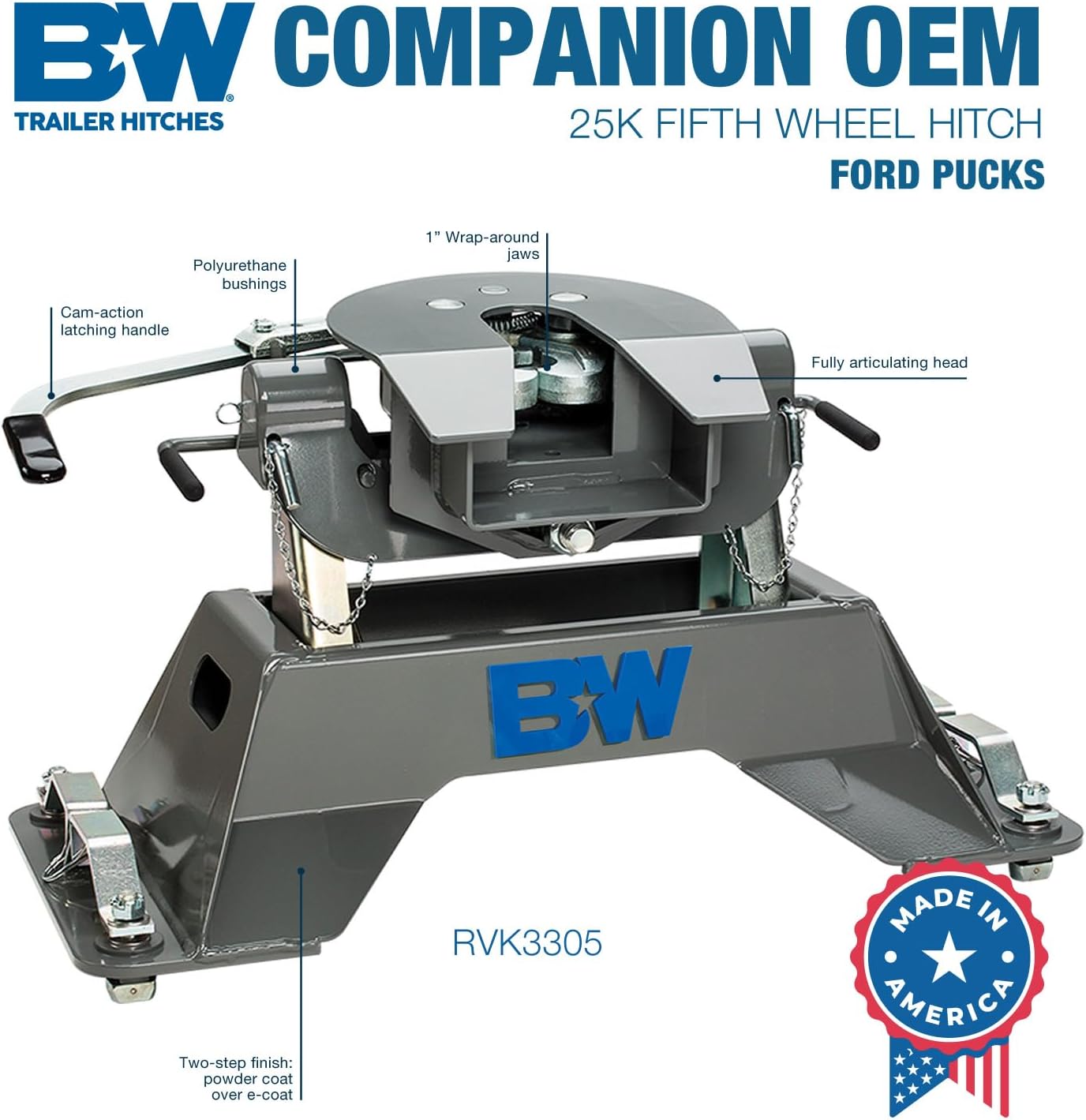 B&W Trailer Hitches 25K Companion OEM Fifth Wheel Hitch - Compatible with Ford OEM Puck System - RVK3305