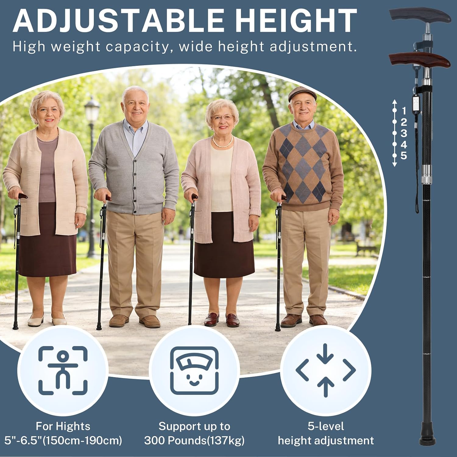 Carbon Fiber Walking Cane, Adjustable Folding Mobility Cane with Ergonomic Solid Wood Handle, Lightweight Walking Stick for Men & Women, Portable Travel Cane with Non-Slip Rubber Tip (8.3oz/235g)