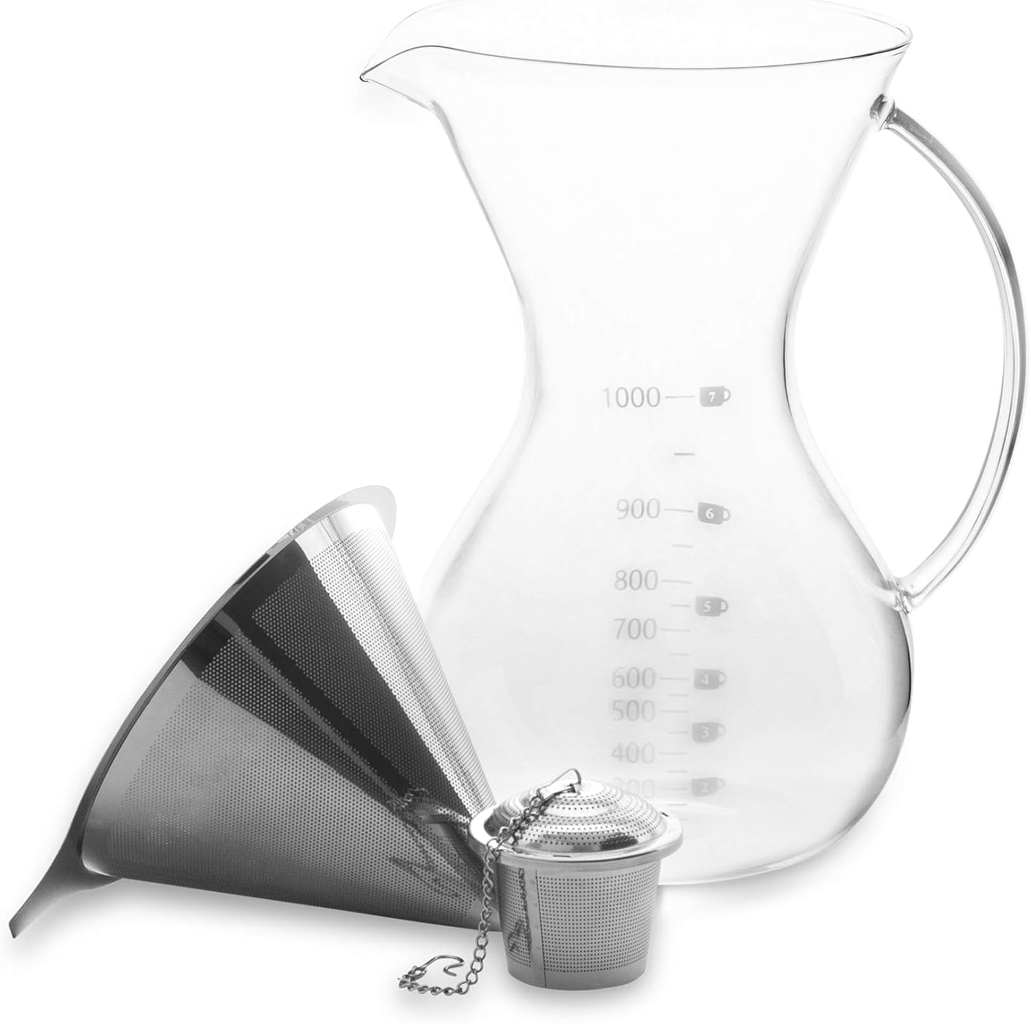Olivia & Aiden Pour Over Coffee Maker and Tea Infuser w/Glass Carafe (32 oz.) Stainless-Steel Filter Dripper | Precision Brewing at Home, Office, Travel | Stainless Steel Hanging Tea Brewer