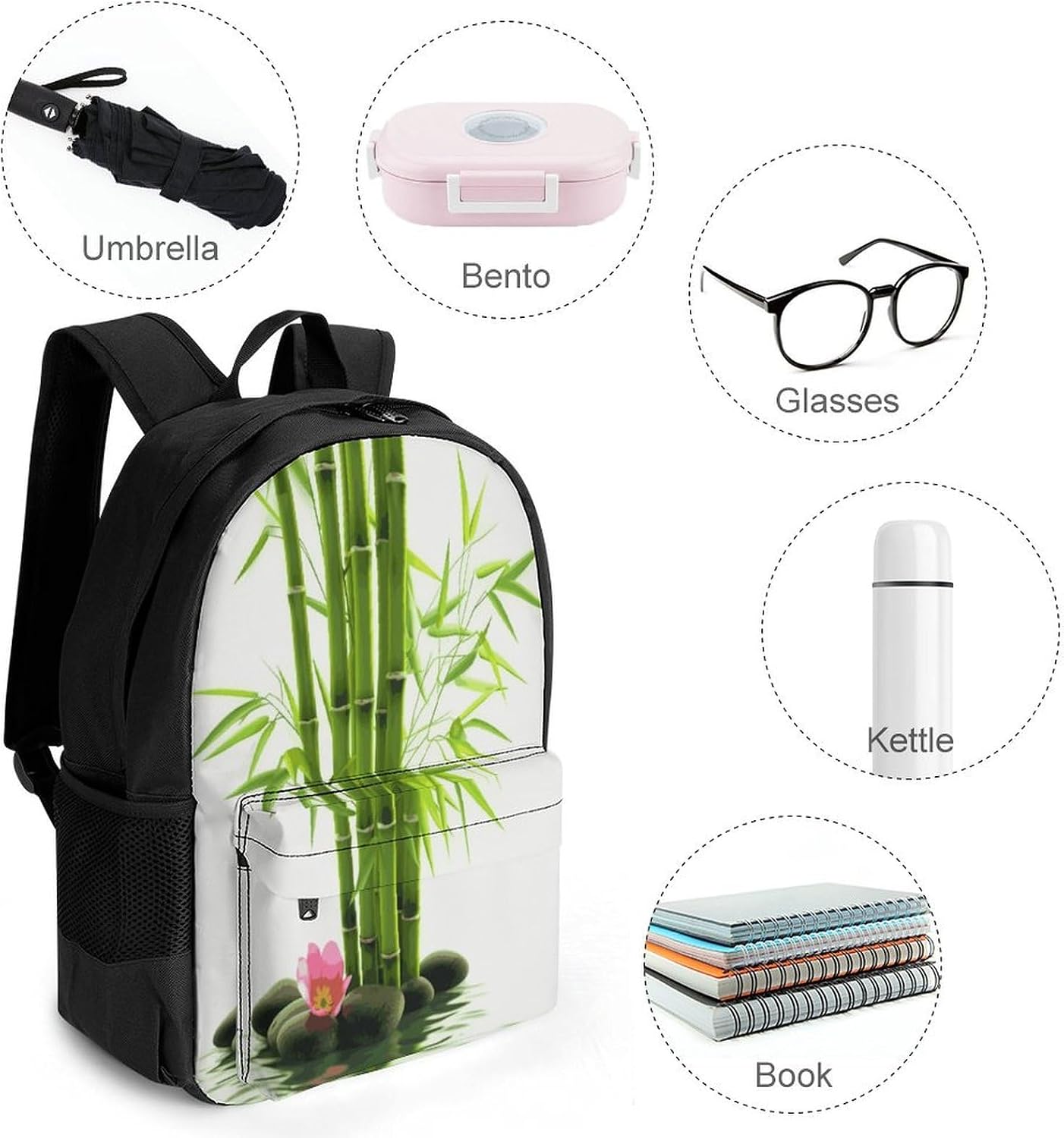 Green Bamboo Lotus Backpack Daypack Travel Backpack | Lightweight Casual Laptop Backpack for Women Men Aesthetic Travel Bag for Weekender Business Hiking Outdoor