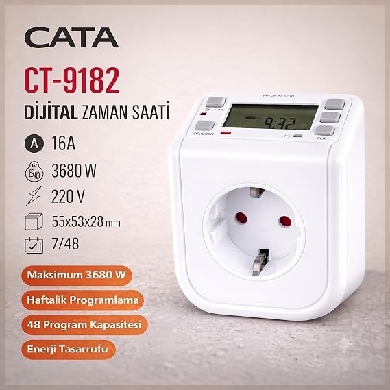 Cata CT-9182 Zaman Ayarlı Dijital Priz, LCD Ekranlı Haftalık Programlanabilir Akıllı Fiş, Enerji Tasarruflu Otomatik Zamanlayıcı Priz