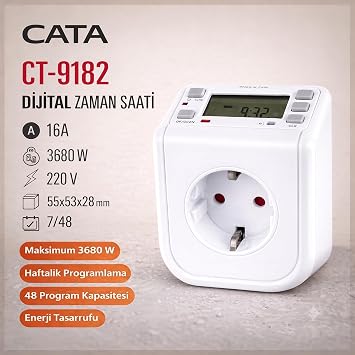 Cata CT-9182 Zaman Ayarlı Dijital Priz, LCD Ekranlı Haftalık Programlanabilir Akıllı Fiş, Enerji Tasarruflu Otomatik Zamanlayıcı Priz