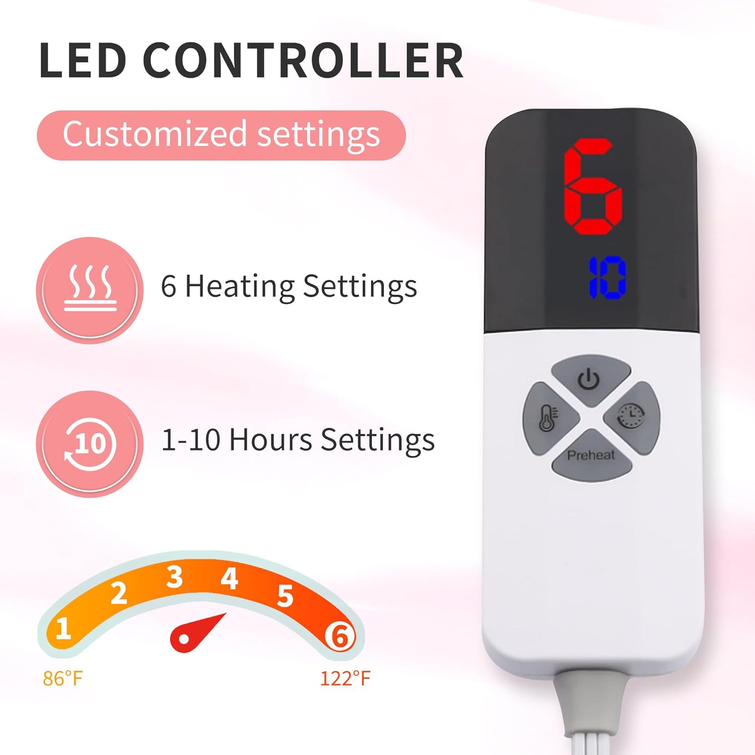 ESTINGO Heated Blanket Full Size, Electric Blanket with 6 Heating Levels & 1-10 Hours Auto Off, Machine Washable Plush Heating Blanket with Timer for Bed Camping Office 72" x 84", Pale Pink - Image 3