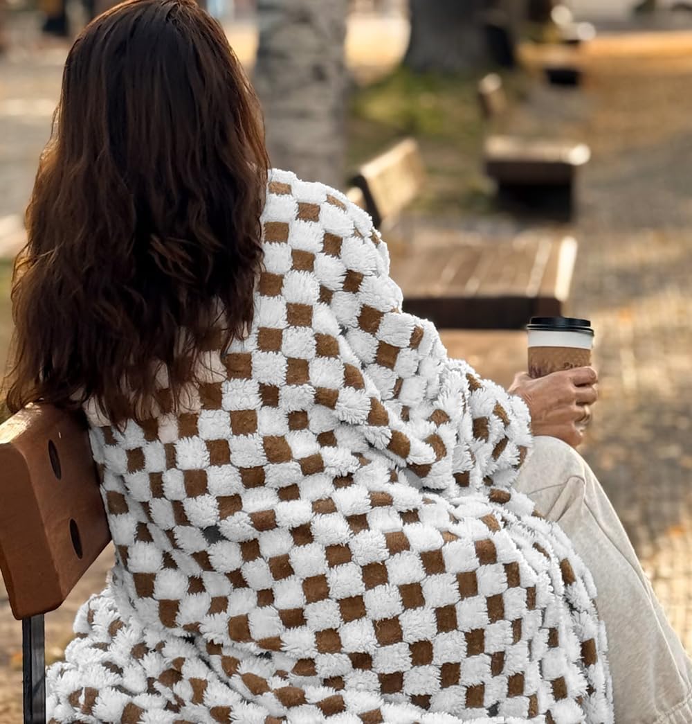 WOLF CREEK BLANKET- Camel & White Fuzzy Fun 3D Checkered Throw Blanket – Ultra Soft Shaggy Fleece for Cozy Comfort. Beautiful Gift for Women with Style 50 x 65 inches.