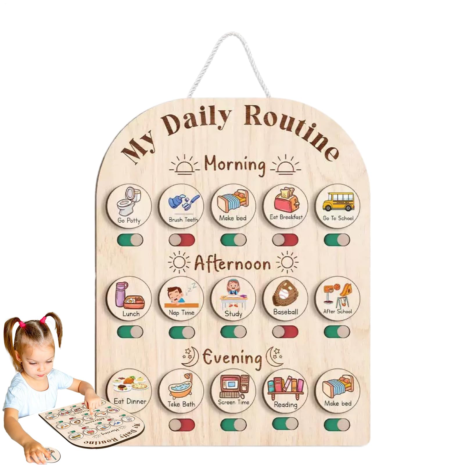 Kids Daily Routine Chart, Morning and Bedtime Planner Board, 14.02x11.81x1.5in, Educational Wooden Toy, Reusable Visual Schedule