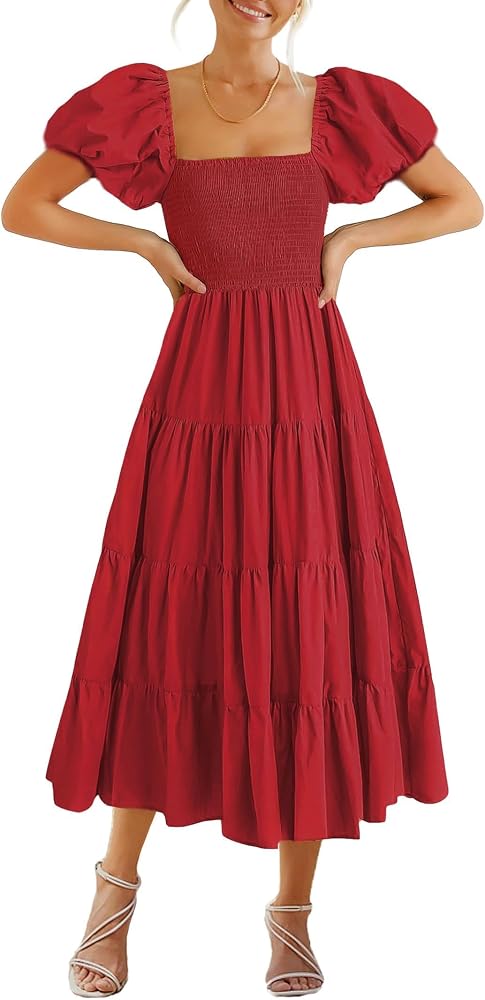 Women's Summer Pleated Maxi Dress Square Neck Puffy Short Sleeves
