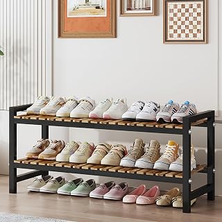 Shoe Rack Organizer for Small Spaces 2Tier Long Narrow Shoe Stand, Closet Shoe Rack, Small Shoe Shelf for Closet Entryway Corner Garage and Bedroom Front Door - Shoe Storage Combining Wood and Metal