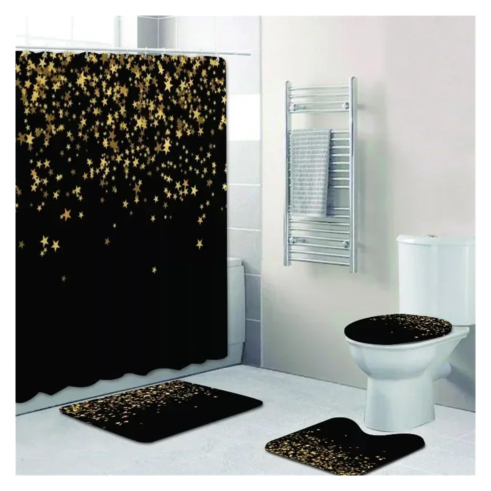 MZSKLW Shower Curtain Stylish Black Silver Falling Glitter Confetti Dust Bathroom Curtains Shower Curtain Set Grey Sparkling Bath Rugs Decor
