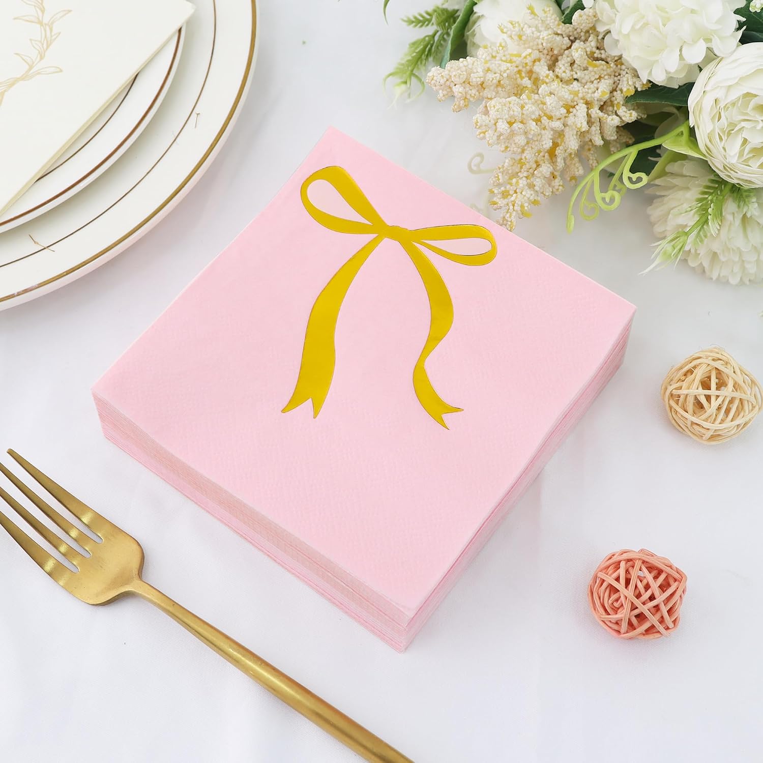 Vuzvuv 52 Pack Gold Foil Bow Cocktail Napkins - Bow Hand Napkin for Birthday Anniversary Celebratory Party Supplies Decorations Table Decor(5" Folded 3 Ply-Pink)