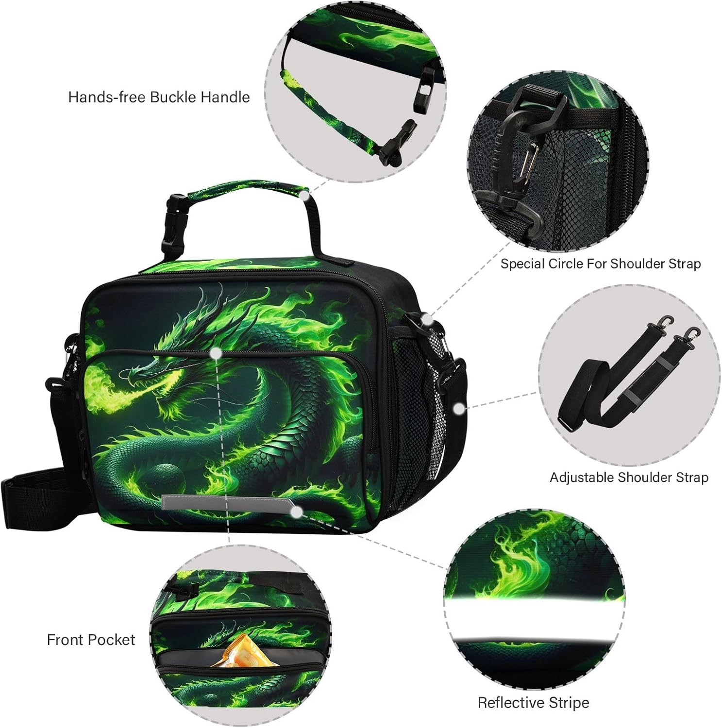 Green Fire Dragon Lunch Box, Lunch Bag with Adjustable Shoulder Strap Insulated Tote Bag Picnic Box Lunch Bag for School Teens Snacks Insulated Cooler Tote - Image 4