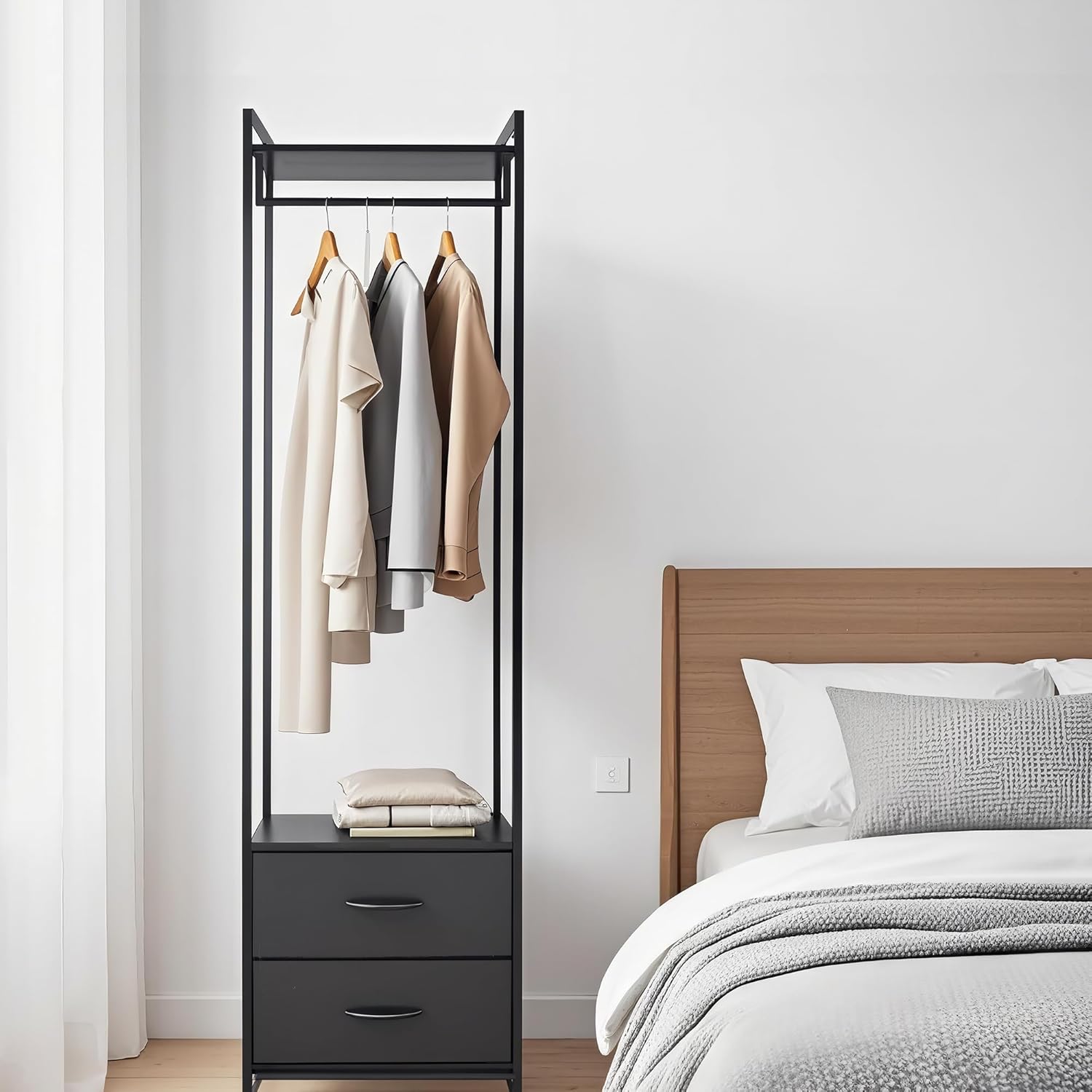 Clothing Rack with 2 Fabric Drawers - Black Steel Frame & Wood Shelf - Durable Clothes Stand Organizer with Hanging Rod - Space-Saving Closet Storage for Shirts, Dresses & Jackets
