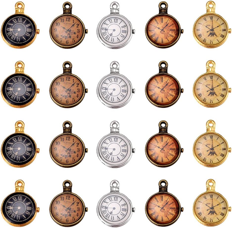 15Pcs Mixed Picture Color Retro Pocket Watch Clock Pendant Accessoires Fashion Jewelry Making Crafting Charms for DIY Necklace Bracelet Jewelry Findings Making Accessory
