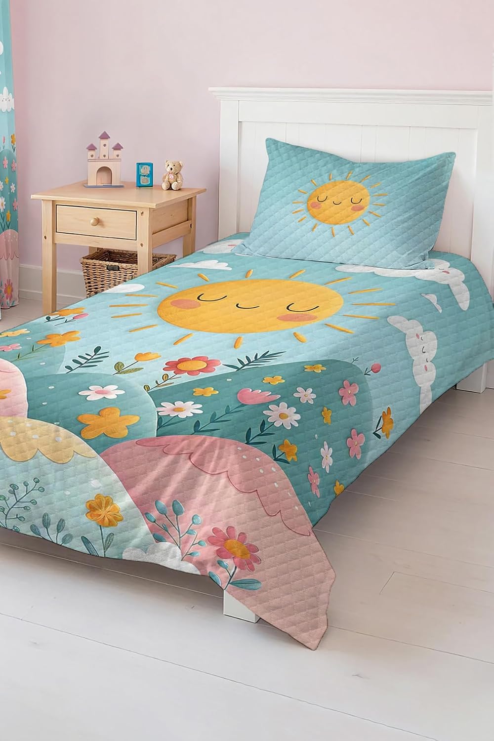 SODEF Bedding Set Twin Size Smiling Sun and Colorful Flower Pattern Kids and Teens Room Quilt Set Lightweight Breathable Cotton Polyester Blend 2 Piece - Blue, One Size