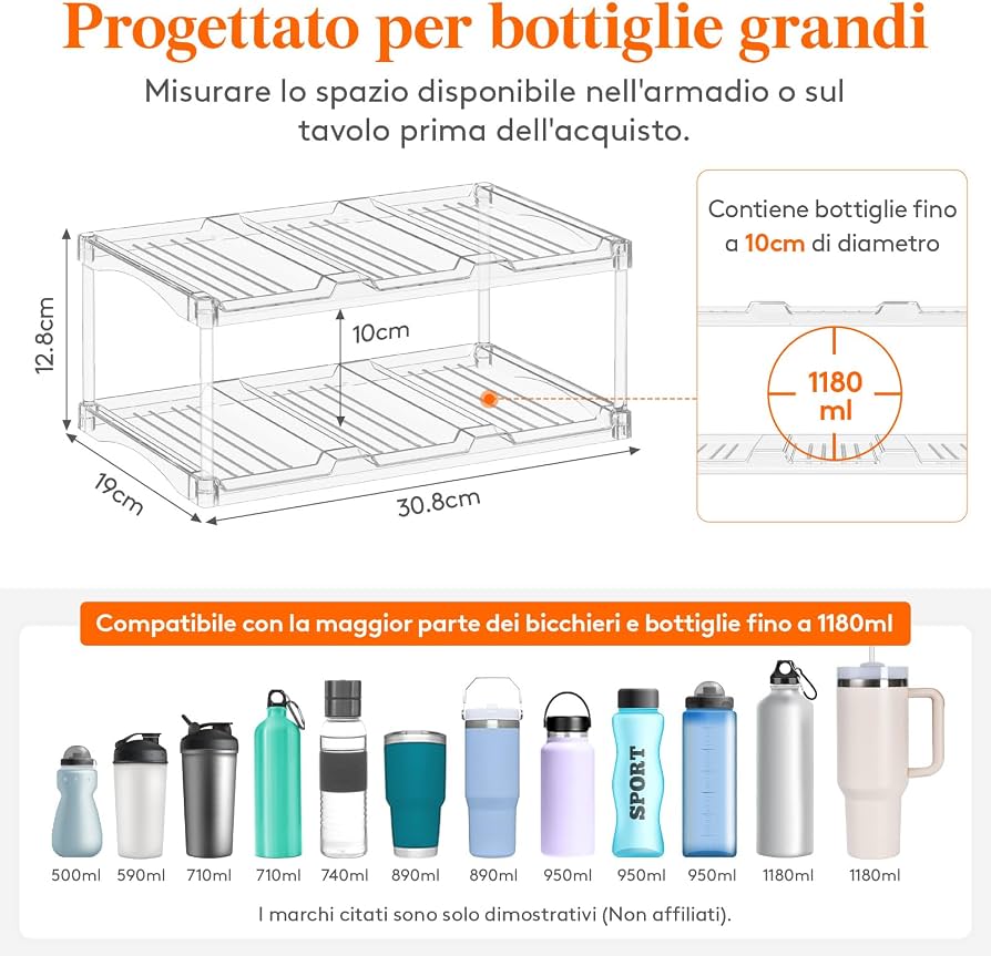 Lifewit Organizer Impilabile Per Bottiglie, 2 Ripiani Per 6 Bottiglie, Trasparente, Per Cucina Dispensa O Frigorifero