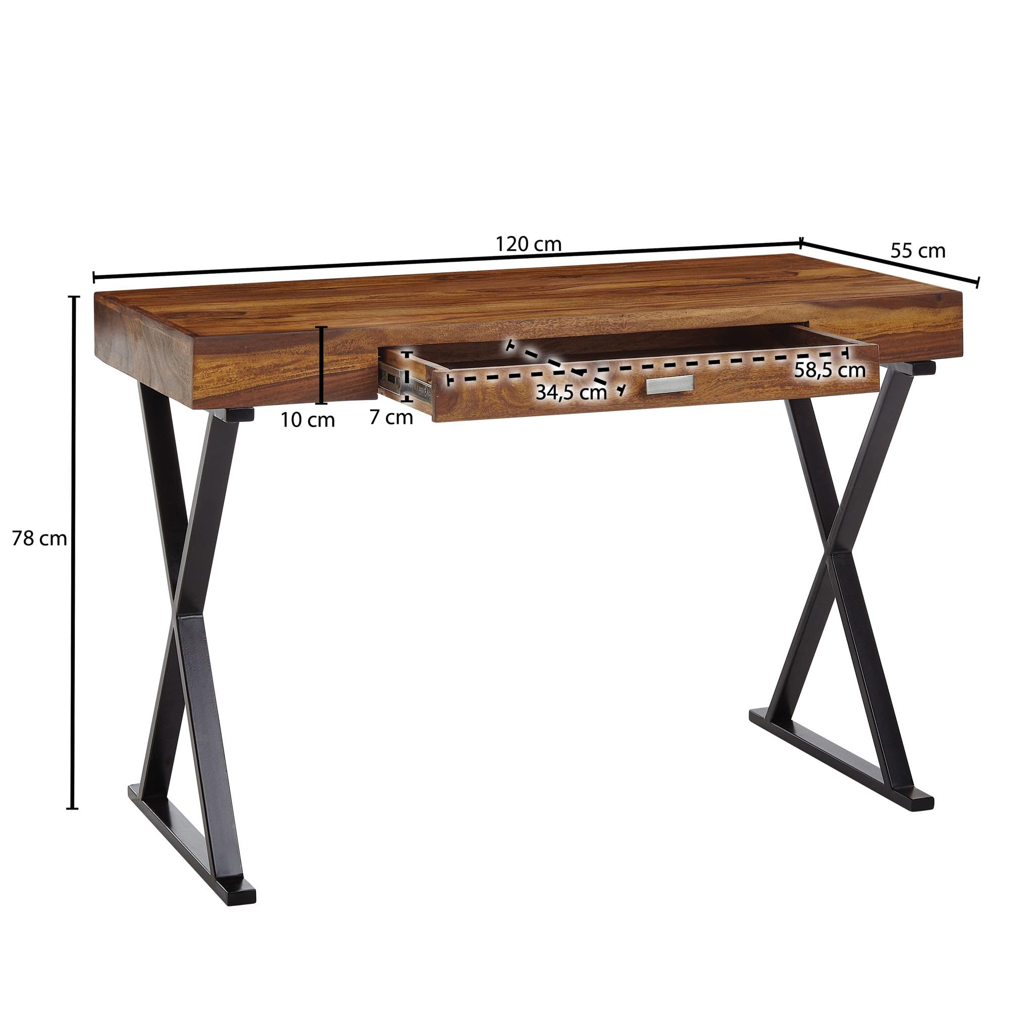 FineBuy Bureau 120x55x78 cm Bois Massif Sheesham, Piètement en X Noir