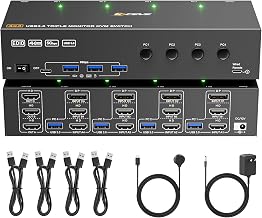 KVM Switch 3 Monitors 4 Computers 4K@60Hz,EDID Simulation,USB 3.0 HDMI Displayport KVM Switch Triple Monitor for 4 PC Share 3 Monitors and Keyboard Mouse Printer,with Wired Remote and 4 USB Cables