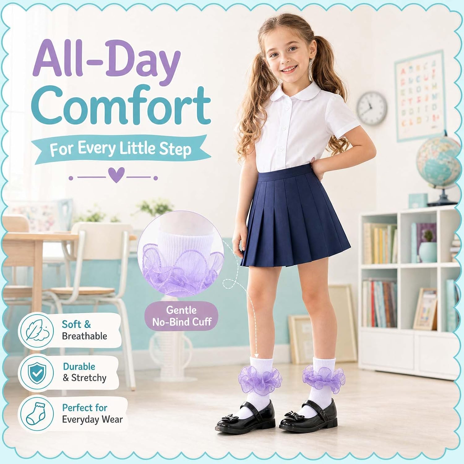 Girls Ruffle Socks Toddler Double Lace Frilly Socks Turn Cuff Ruffle Dress Socks Pageant Sock for Little Girl Kids