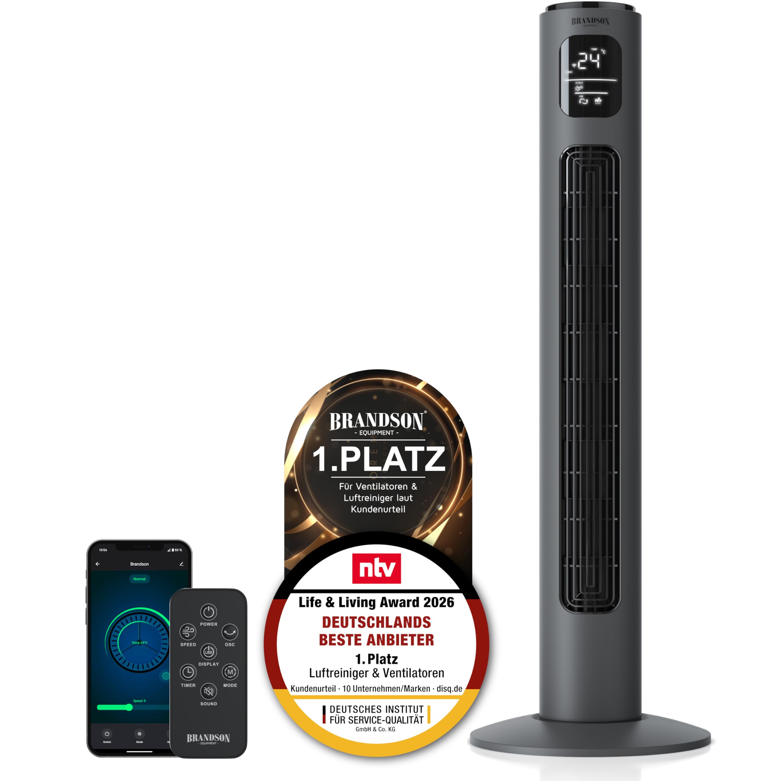 Brandson - Turmventilator ECO mit DC Motor - sehr leise – Wlan Smart Home mit App/WiFi Alexa Sprachsteuerung - mit Fernsteuerung – Sieger Ventilatoren und Luftkühler 2026 - Anthrazit