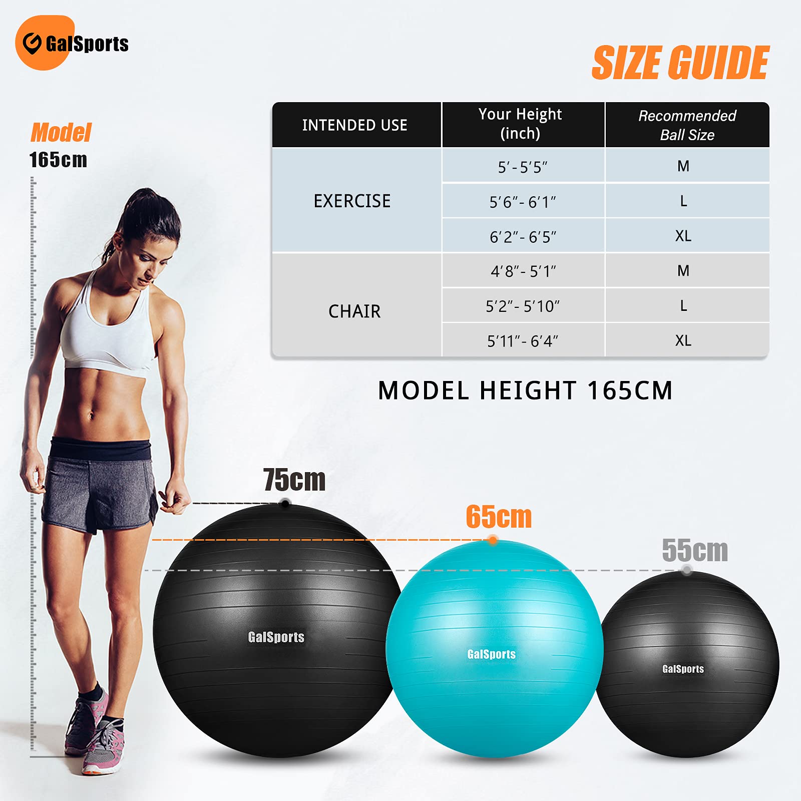 GalSports Unisex PVC Gym Ball for Exercise & Yoga with Pump, Anti Burst Swiss Birthing Stability Ball for Workout & Fitness (Blue, Size - 65 cm) (Blue, L(26ines/65cm/With Pump)) 4