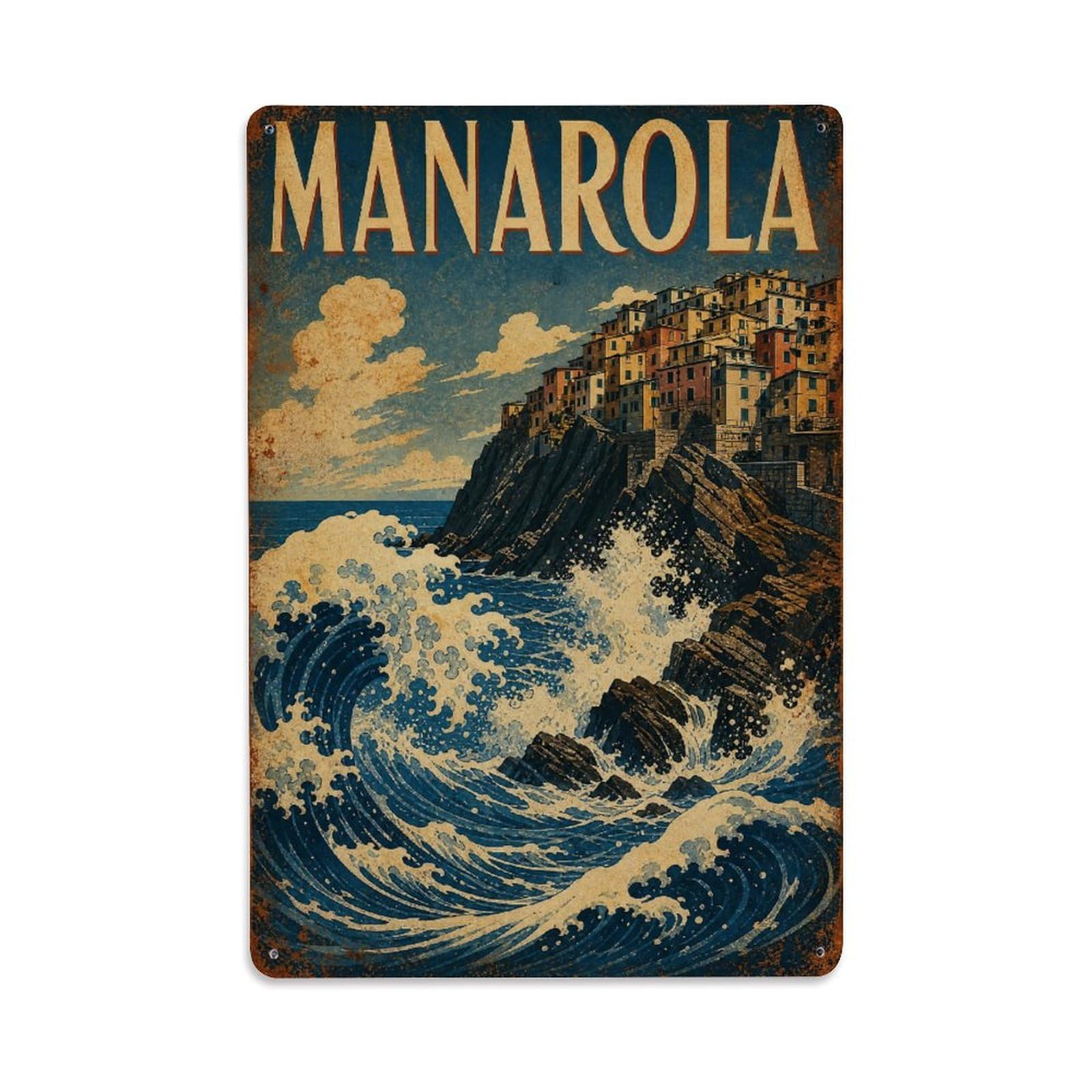 Huiyhb 8X12inch(20X30cm) Vintage Travel Manarola Waves Crashing Rocks Coastal Italy Metal Tin Sign