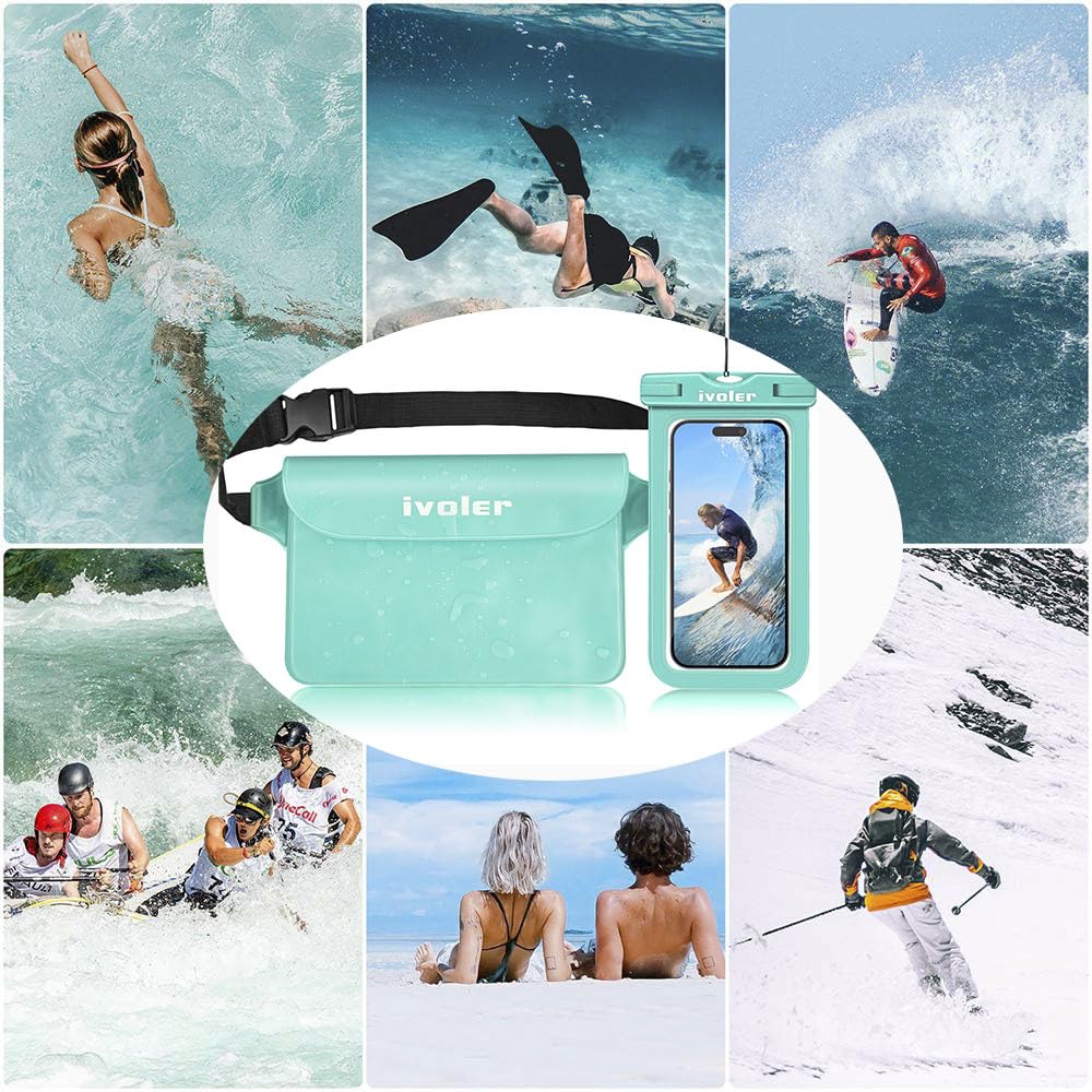 iVoler Kit Impermeabile con Borsa Marsupio e Custodia Smartphone IPX8 per Sport Acquatici Pesca Vela Sci Mare Escursione, Protezione per Cellulare Portafoglio Documenti - Verde Menta