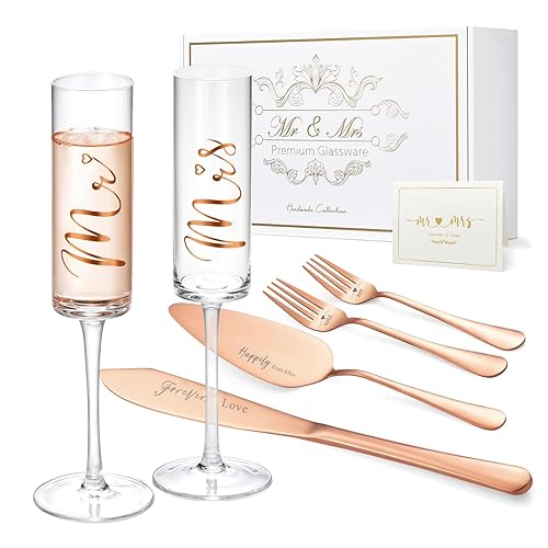 ROXBURGH Juego de cuchillos y servidores para tartas de boda, novios, flautas y tenedores de champán con caja de regalo, juego de corte de pastel