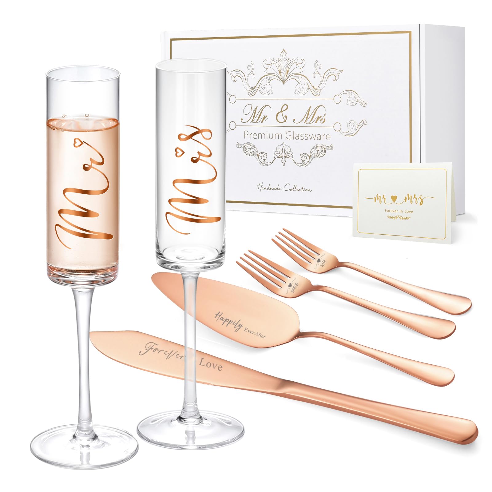 ROXBURGH Wedding Cake Knife and Server Set, Bride and Groom Mr and Mrs Champagne Flutes & Forks with Giftable Box, Cake Cutting Set for Wedding Engagement Bridal Shower Gifts
