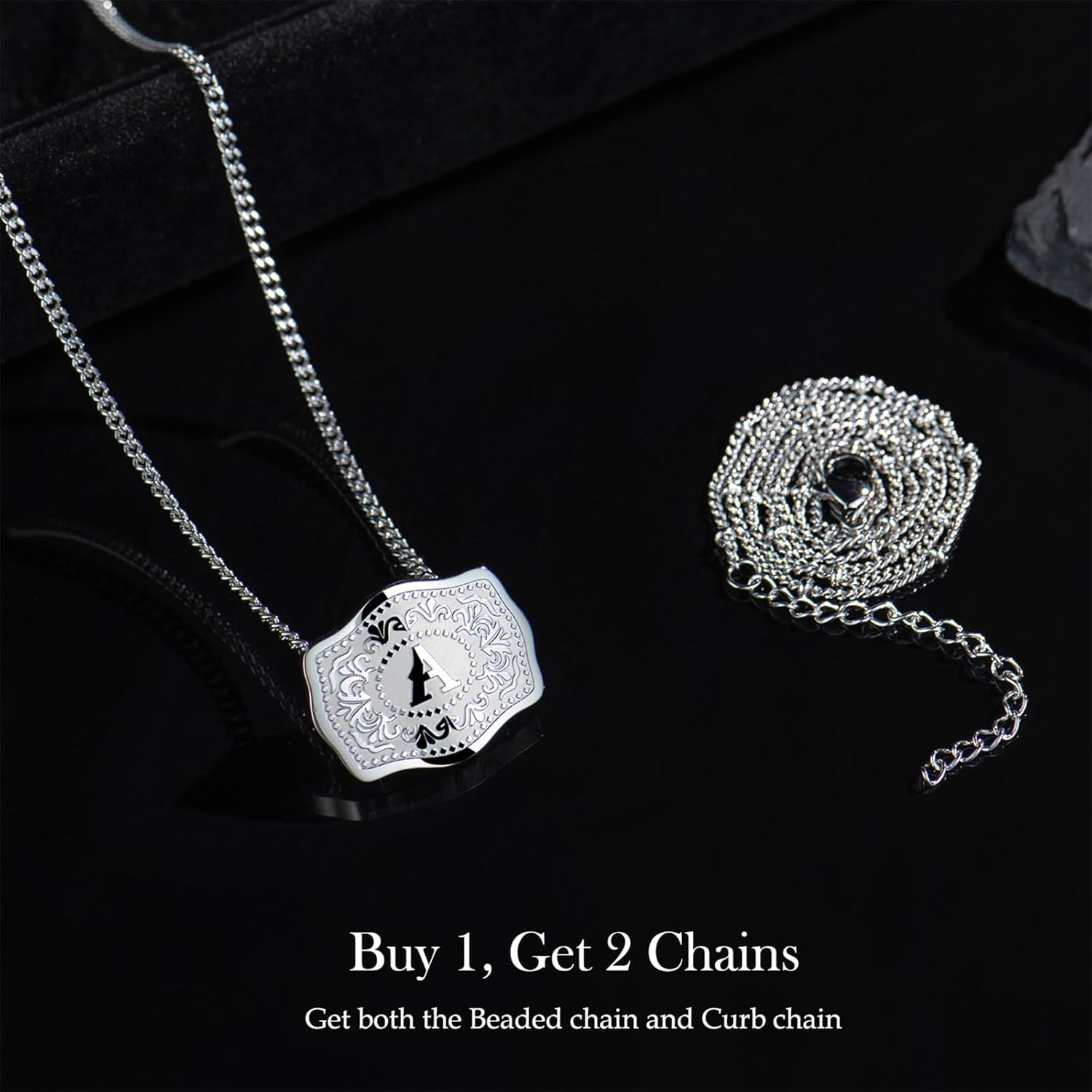 Rhodium-Plated Initial Letter Pendant Necklace with Embossed Belt Buckle, Western Cowgirl Initial Necklace for Women, Buy 1 Get 2 Chains, Personalized Jewelry Gift for Women and Men - Image 2