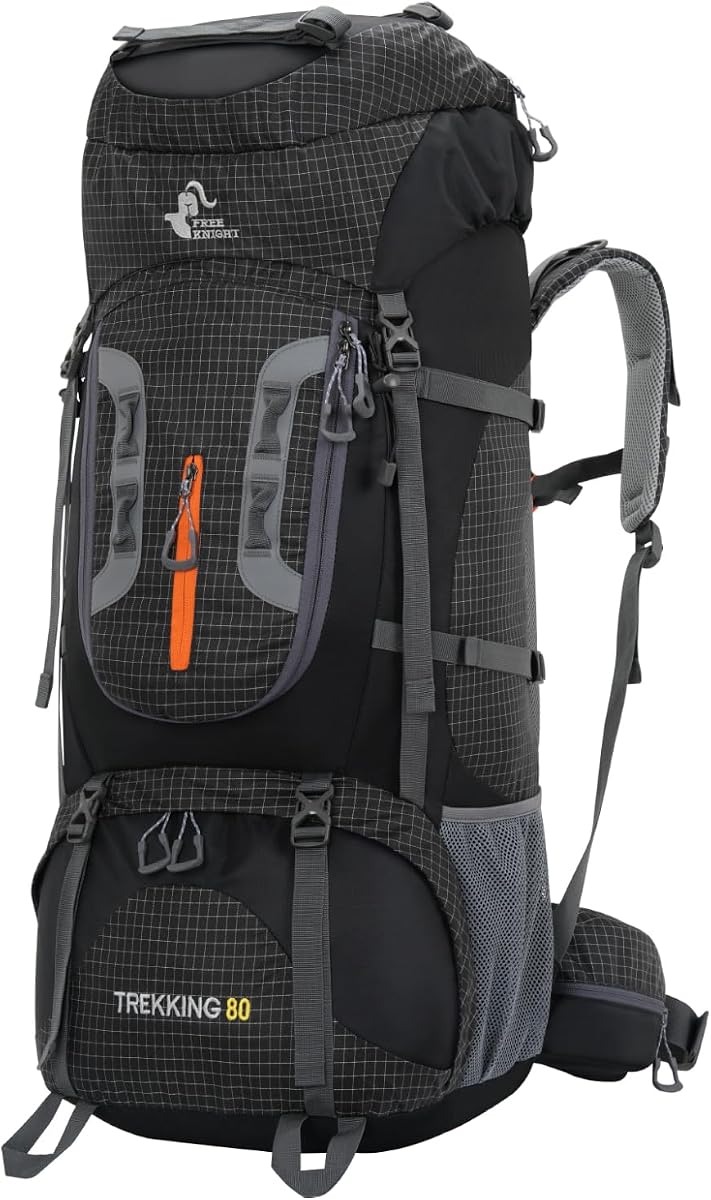Bseash 80L Wasserdichter Wanderrucksack mit Regenschutz, leichter Outdoor-Sport, Reisen, Tagesrucksack für Klettern, Touren (Schwarz)