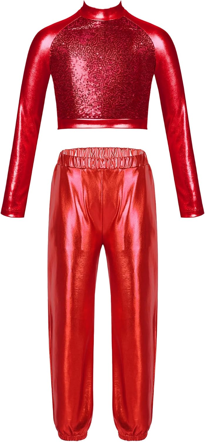 Oyolan Kids Girls Metallic Tracksuit Set Gymnastics Dance Outfits Sequins Long Sleeve Ballet Crop Top with Jogger Pants