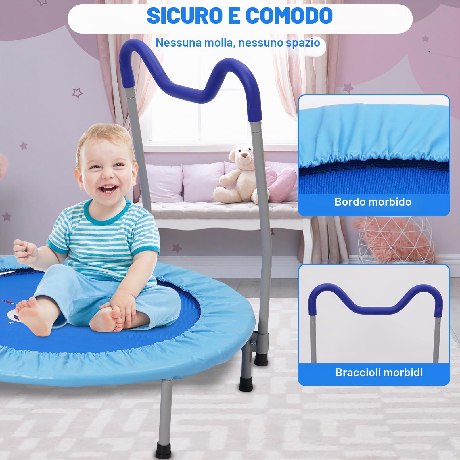 Trampolino Elastico per Bambini,Tappeto Elastico Pieghevole per Bambini con Astronauta Copertura,Cuscinetti Antiscivolo e Maniglia,Ideale per Interno ed Esterno,Carico Massimo 150 kg