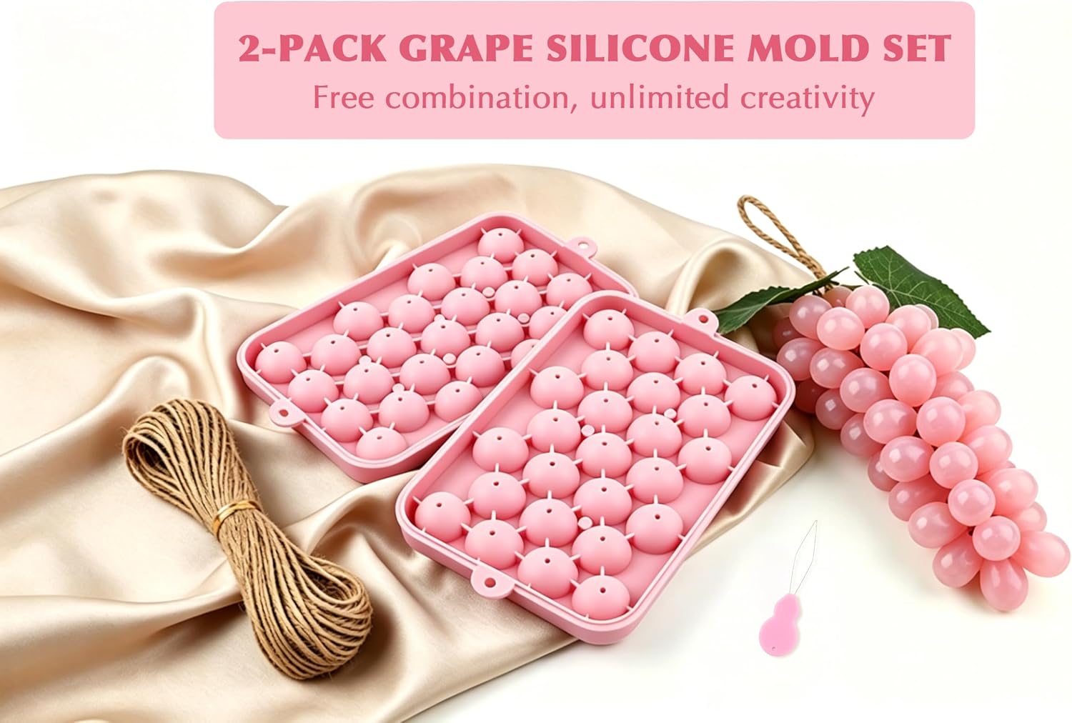 DIY Grape Making Kit, 2 Silicone Grape Molds with 100m Jute Rope, Threading Tool and Solid Ribbon, Beginner Handmade Craft Set for Gifts and Home Decor