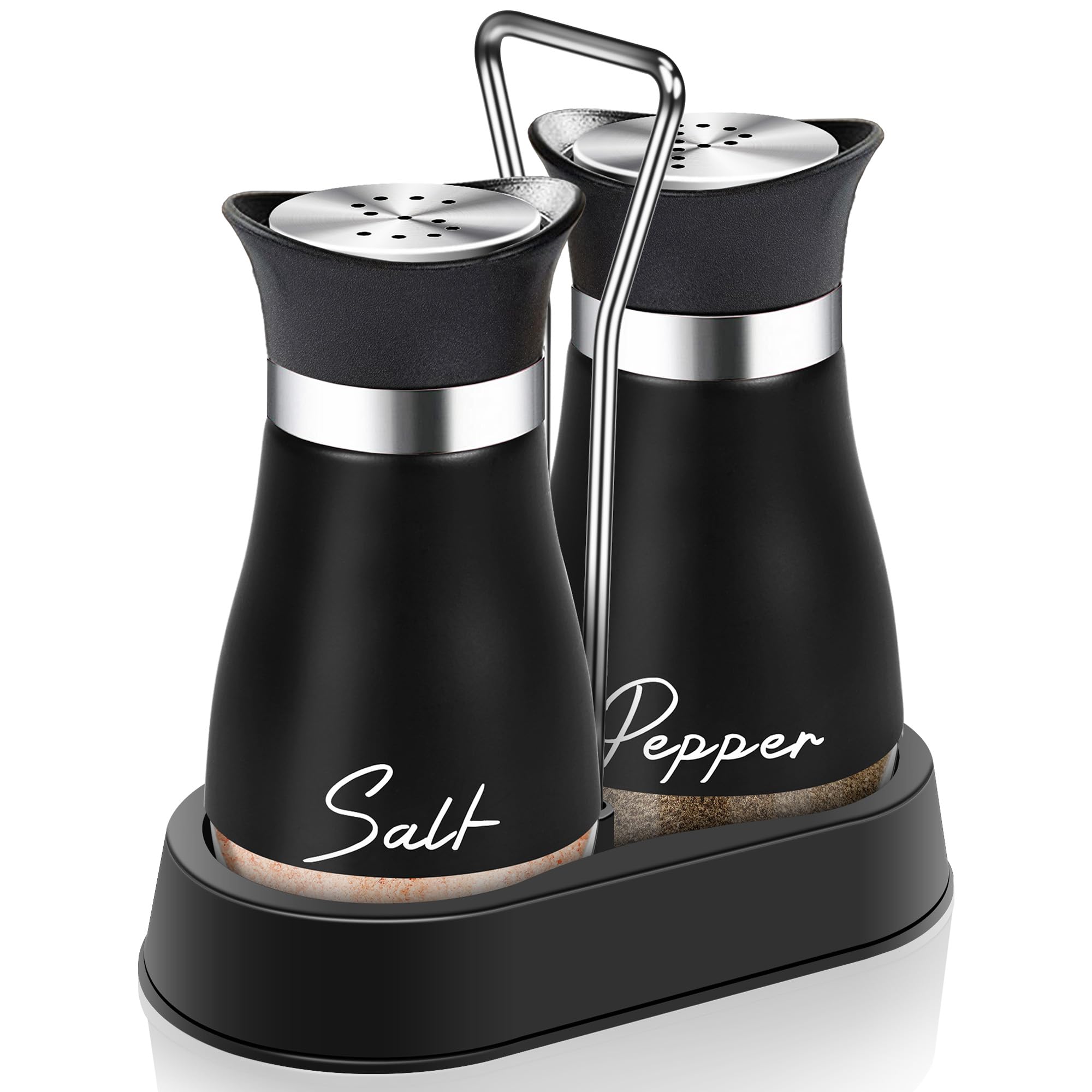 Black Salt and Pepper Shakers Set with Holder,4 oz kitchen accessories and decor for Restaurant, Wedding, Housewarming Gifts Refillable Design (Black)