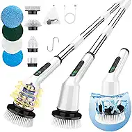 Shower Scrubber with Long Handle, Bathroom Cleaner Brush with 8 Brush Heads, Cordless Electric Spin Scrubber for Cleaning with 2 Speed, Cleaning Supplies for Bathtub Kitchen Floor Tile Toilet