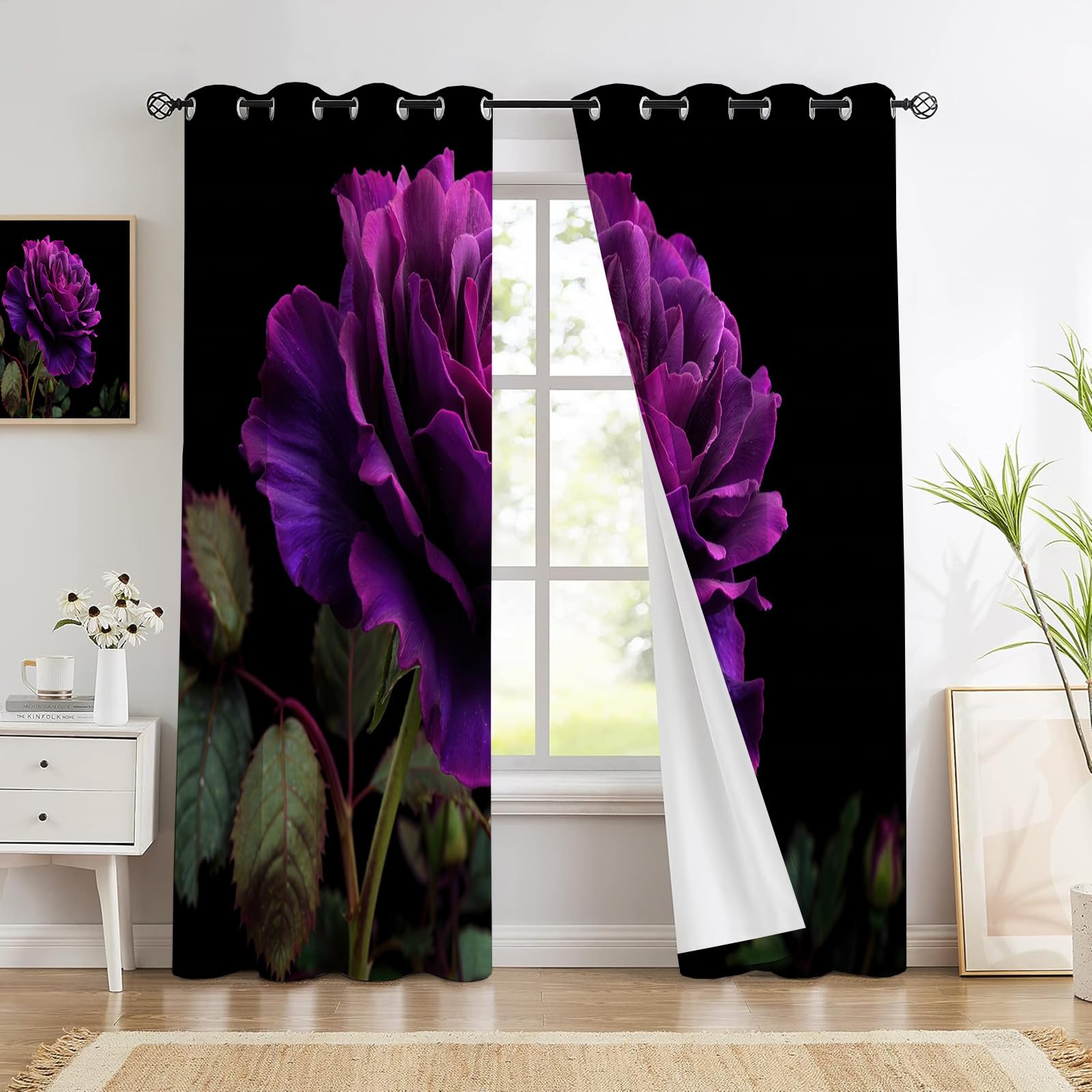 Rideaux pour salon imprimé floral réaliste ambiance cosy violette
