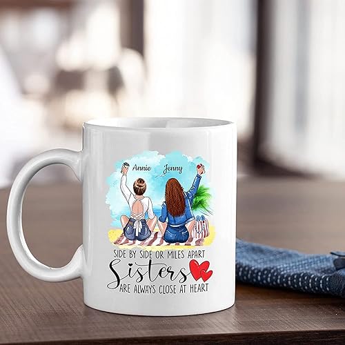 Miniatura 4 de Taza personalizada para hermana, Sisters Are Always Close At Heart, tazas personalizadas para hermanas para mujeres, elige nombres, peinados, taza