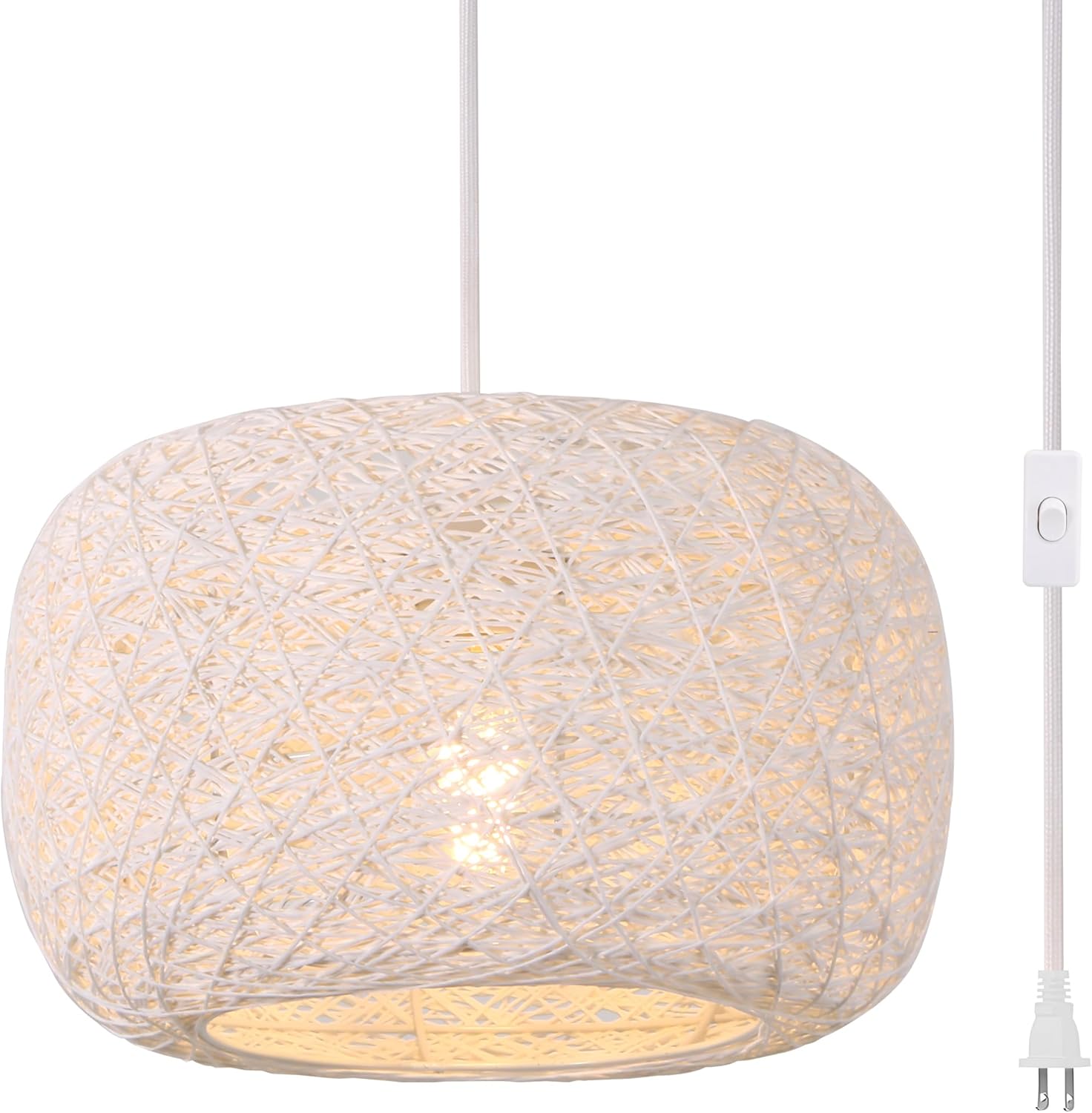 Plug in Pendant Light with Woven Rattan Lampshade, 12” Boho Hanging Lamp with 15FT Cord & On/Off Switch, E26 Socket, Ceiling Hook Installation for Bedroom Living Room Dining Nook Apartment