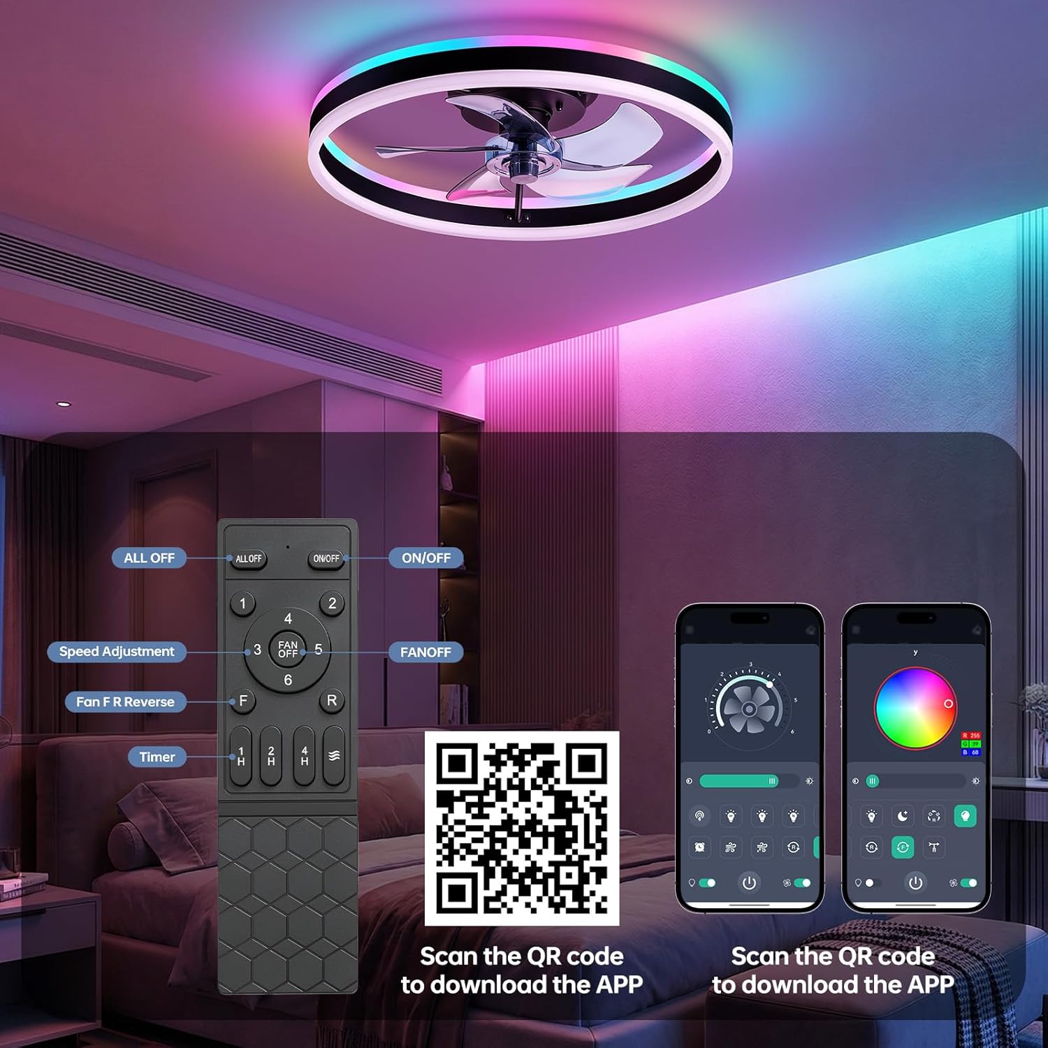 RGB Ceiling Fan with Light,20'' Modern Flush Mount Ceiling Fan, 6 Speeds, Dimmable LED, Remote Control, Quiet DC Motor,Smart Low Profile Ceiling Fan for Bedroom, Living Room,DM101-H-RGB Black
