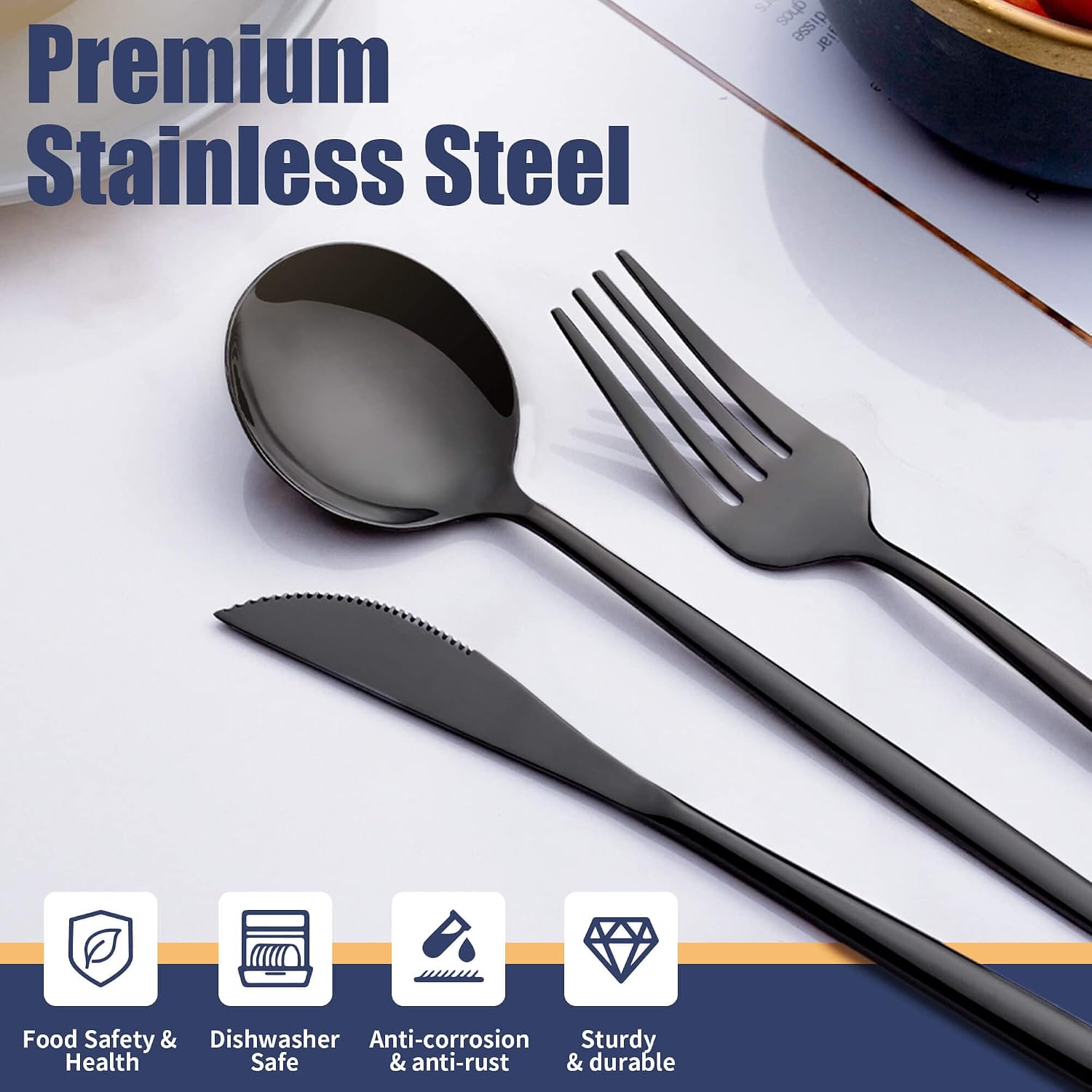 20 Piece Black Silverware Set,Stainless Steel Flatware Cutlery Set Service for 4 Including Forks Spoons Knives,Kitchen Utensil Set,Tableware for Home and Restaurant, Dishwasher Safe image 4