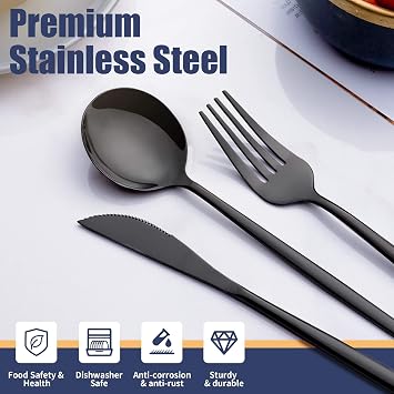 20 Piece Black Silverware Set,Stainless Steel Flatware Cutlery Set Service for 4 Including Forks Spoons Knives,Kitchen Utensil Set,Tableware for Home and Restaurant, Dishwasher Safe