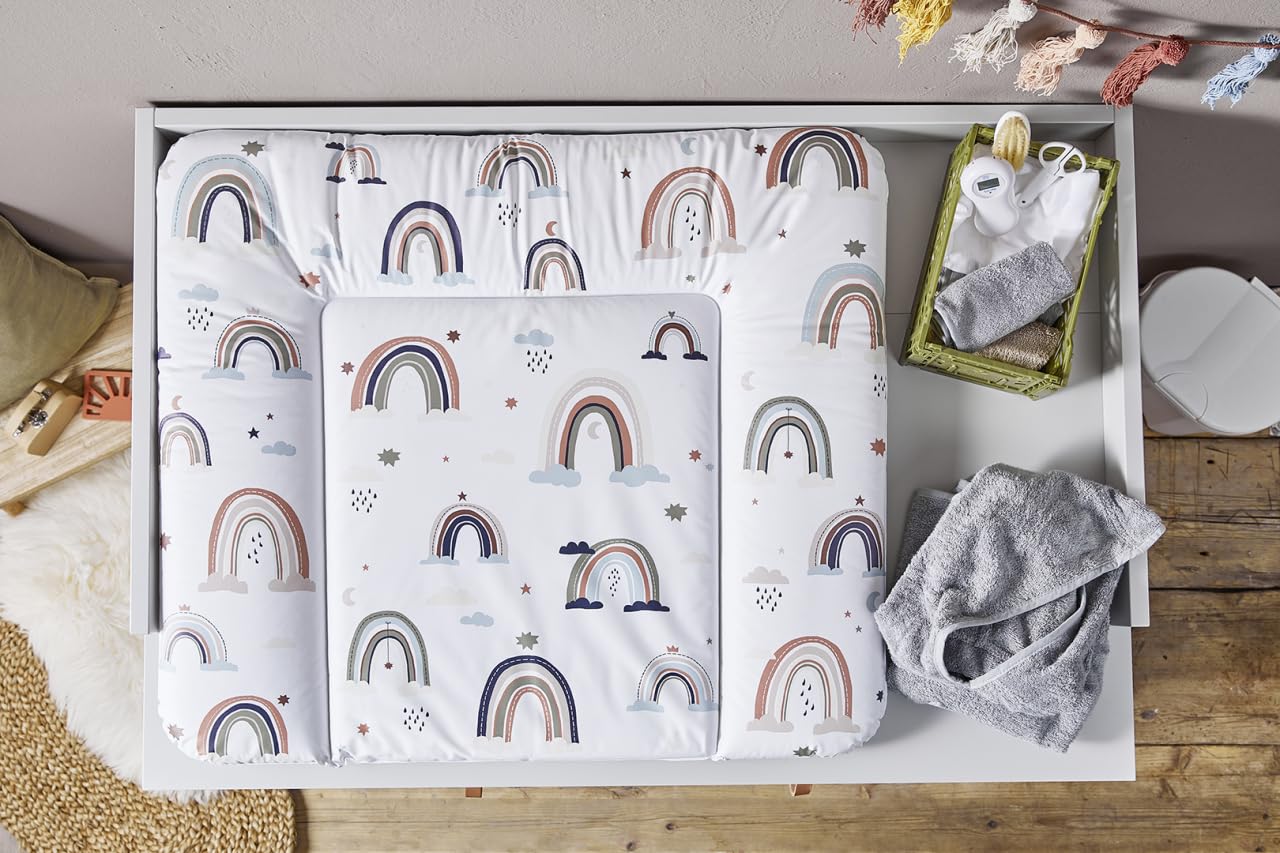 Wickelauflage Keil, Boho Rainbow, mehrfarbig + Rotho Babydesign Waschtücher 3er Set