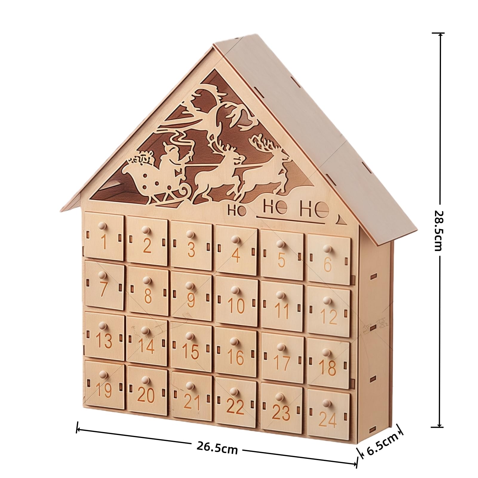 Drawelry Calendario dell'Avvento in legno con luci a LED, 24 cassetti, per bambini e adulti, decorazione natalizia (Renne di Natale)