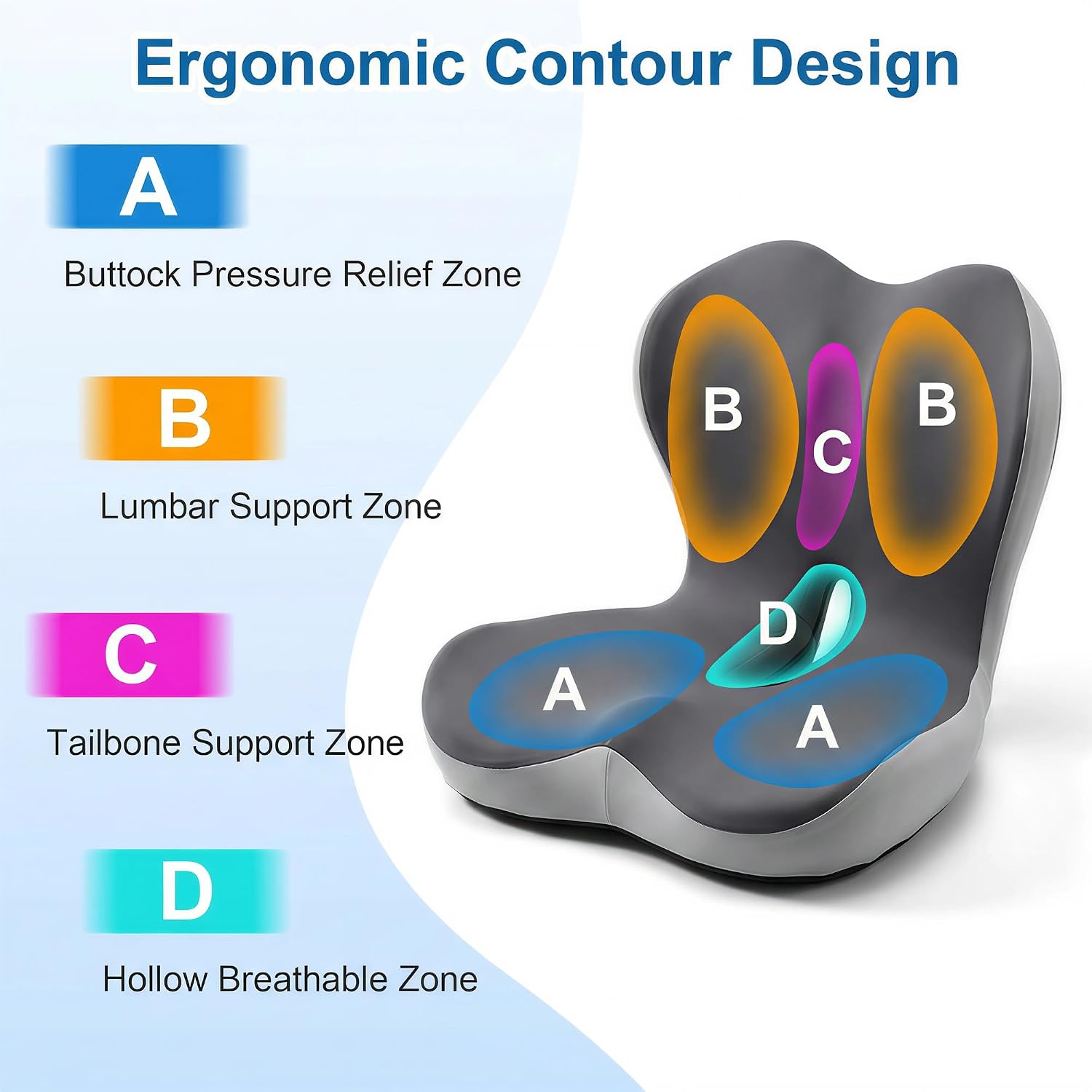 Car Seat Cushion with Back Support for Driving, Ergonomic Support Relief Pad for Auto/Truck/Office, Hollow Ventilation, Anti-Slip Driver Seat Cushion, Washable Cover, 18.1"x17"(Two-Tone Gray)