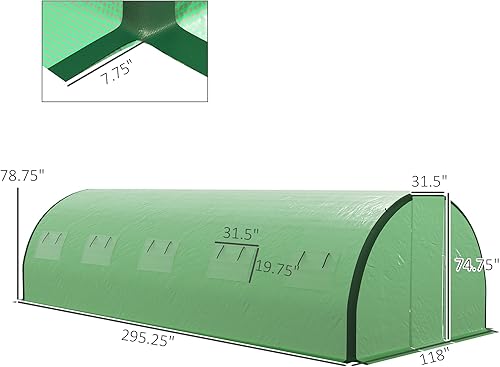 Miniatura 5 de Outsunny Invernadero túnel con estructura reforzada, 24.6 x 10 x 6.6 pies, casa verde al aire libre con 2 puertas con bisagras, 10 ventanas de