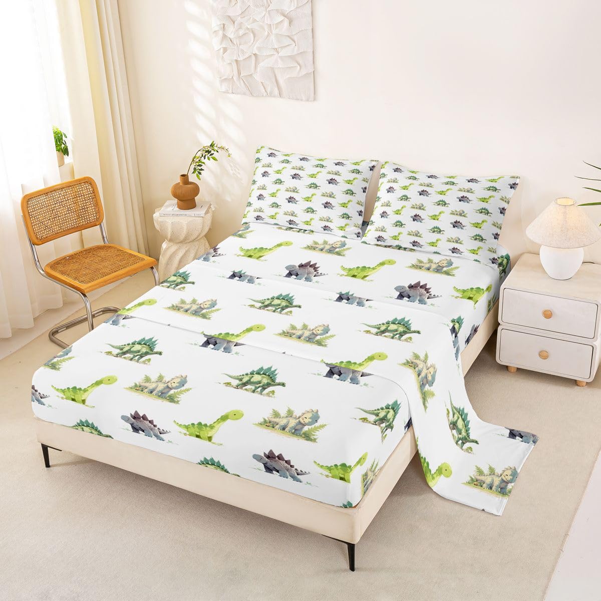 Homewish Zestaw pościeli z dinozaurem podwójny uroczy dżungla zwierzę kreskówka prześcieradła kawaii myśliwski dinozaur zestaw prześcieradeł - nowoczesna natura dinozaury dopasowane górne