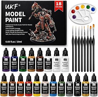 Model Paint Kit, 18 Acrylic Miniature Paint Colors with Brushes & Palette | 2 Metallic Colors, 2 Thinners, Brush & Airbrush Optimized, Smooth Matte Finish, Built for Scale Models & Tabletop Games