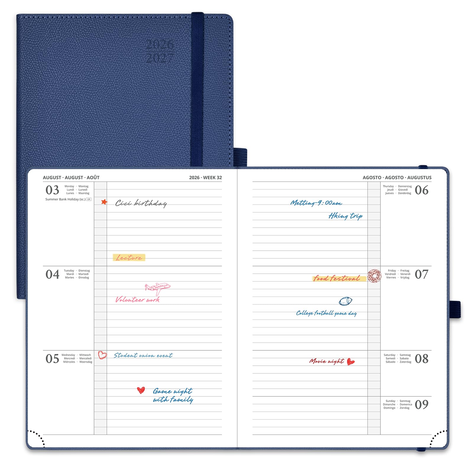 POPRUN A5 Academic Diary 2026-2027 Hardback Week to View (22x16.5 cm) 26/27 Horizontal Weekly Planner 17 Months (Aug'26 - Dec'27) Mid Year(Navy blue) — image 1