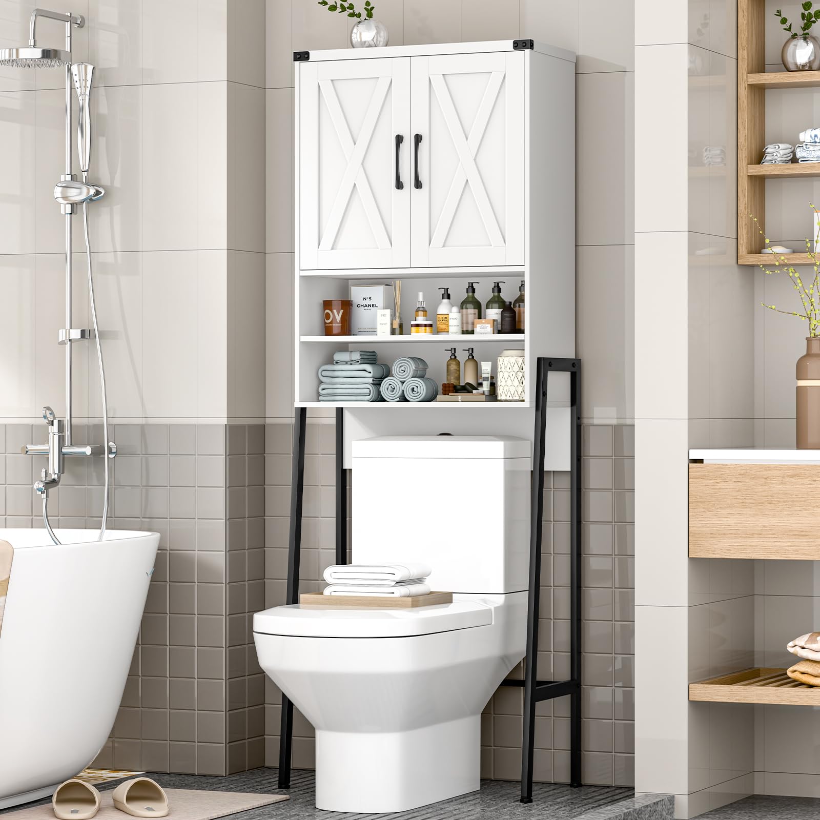 Vabches Over The Toilet Storage Cabinet, Farmhouse Over Toilet Storage Cabinet, Metal Frame with 2 Barn Doors, Home Space-Saving Toilet Rack for