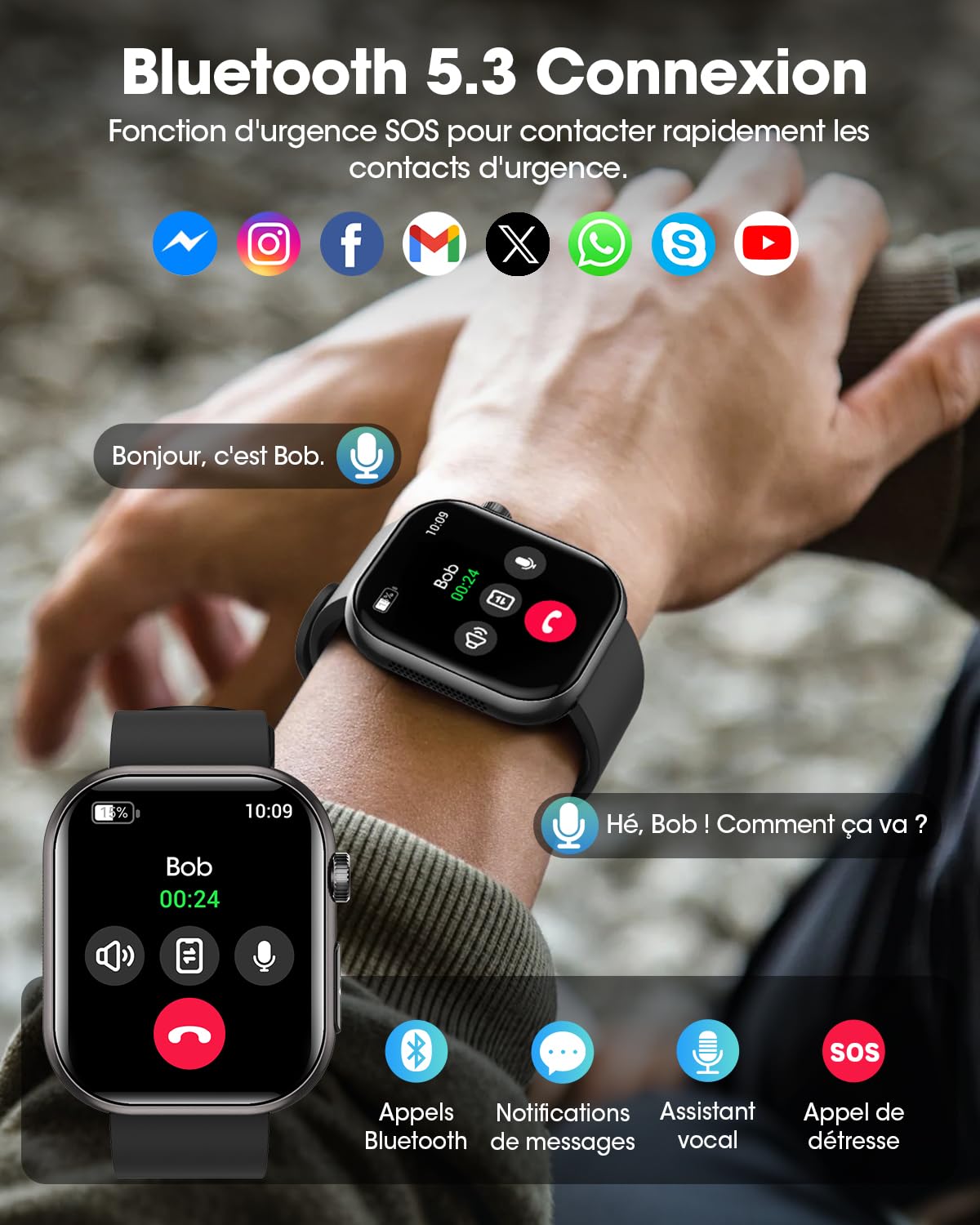Montre Connectée Homme, ECG, HRV, IMC, Micro-Bilan de Santé, Noir