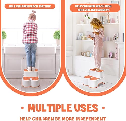 Miniatura 4 de ACSTEP Taburetes de 2 escalones para niños, taburete para lavabo de baño, taburete de inodoro con tiras antideslizantes, ayudante de cocina,